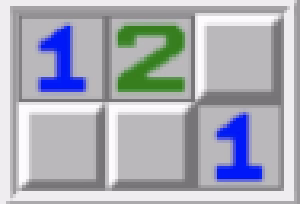 A simple Minesweeper grid with three blank cells and three numbered cells.