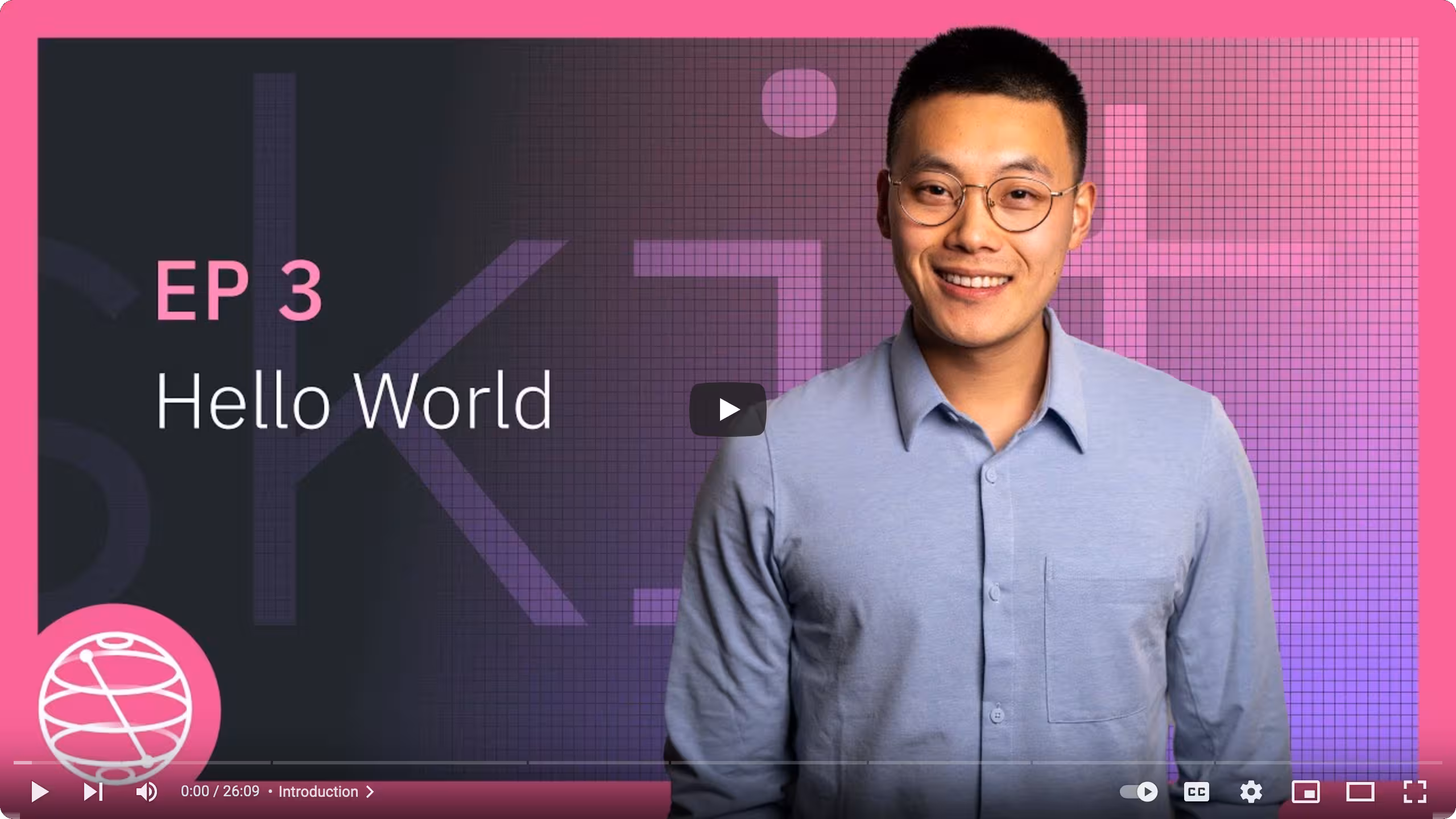 Coding with Qiskit 1.x, Episode 3: Hello world Video thumbnail: Dr. Derek Wang stands against a pink background.