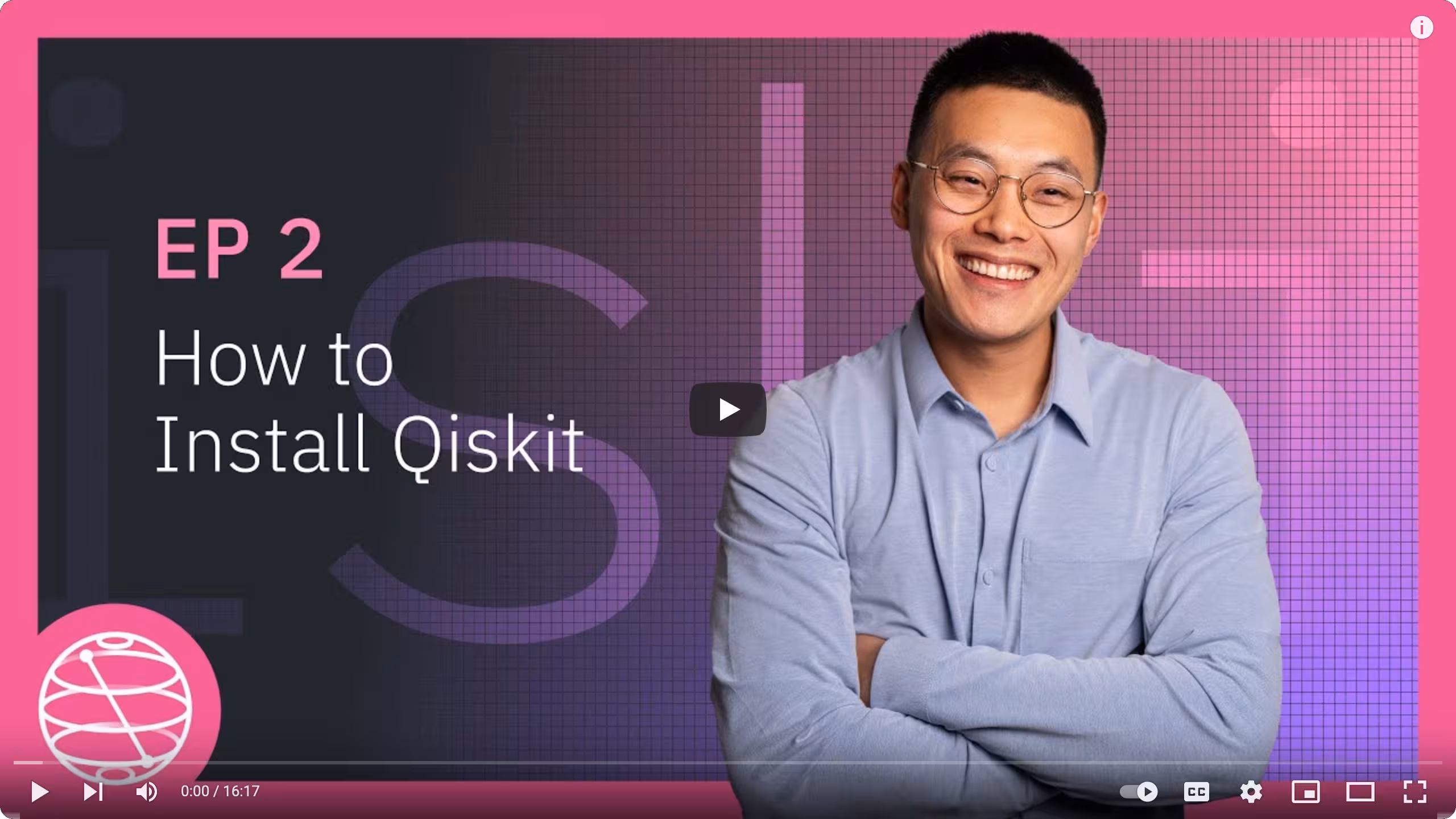 Coding with Qiskit 1.x, Episode 2: How to install Qiskit Video thumbnail: Dr. Derek Wang stands against a pink background.