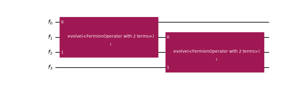 A decomposed `FermionicCircuit` with several time evolution gates.